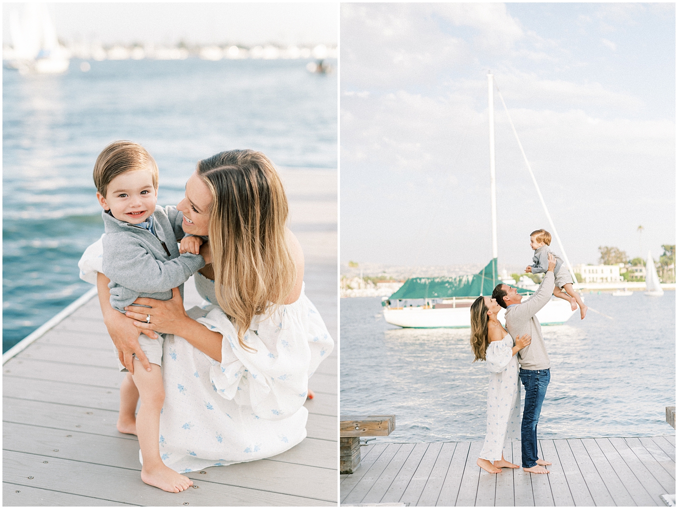 mom and little boy on dock by water and sail boats